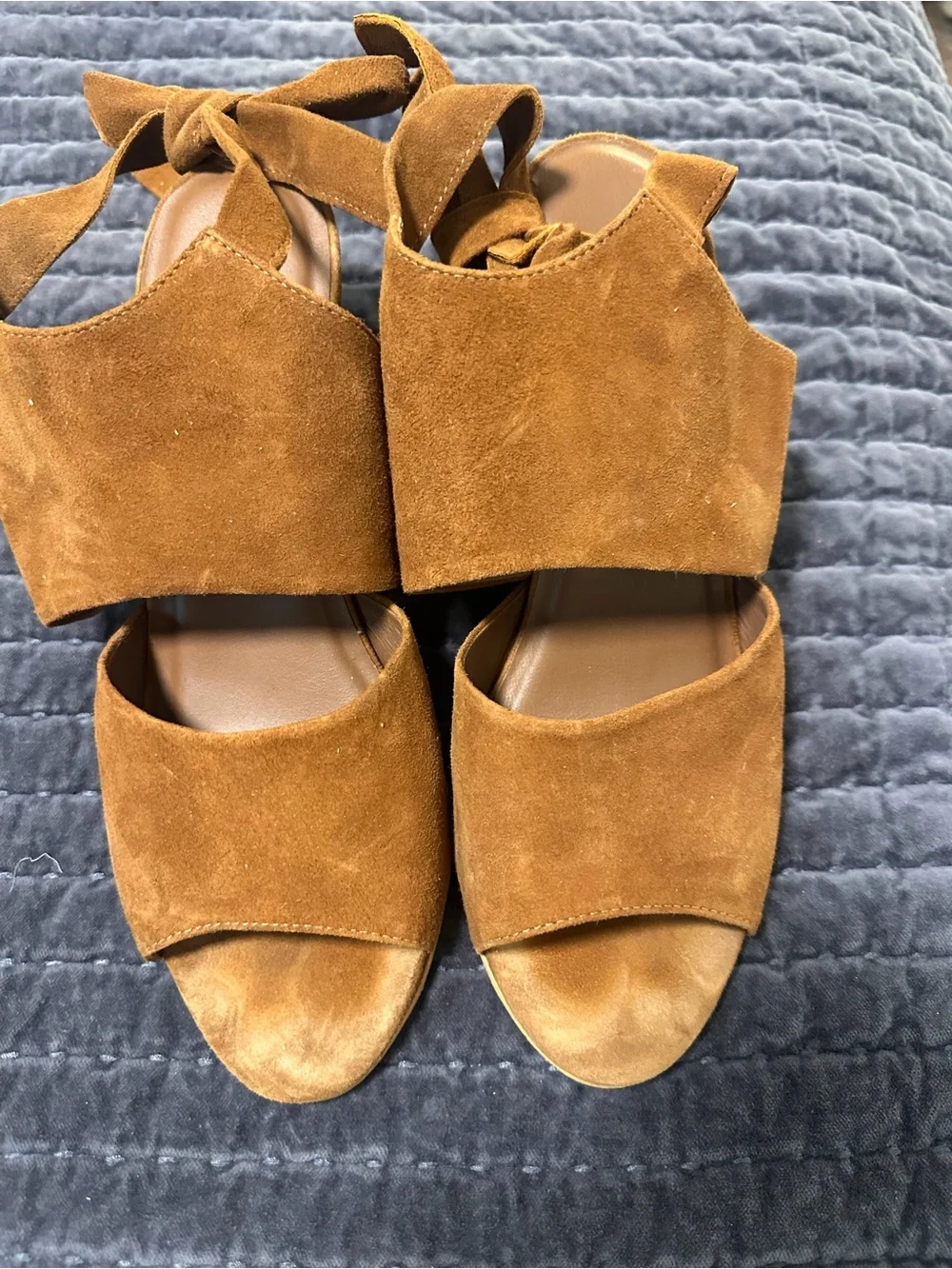 Able Suede Tie-Back Espadrille Wedges in Cognac